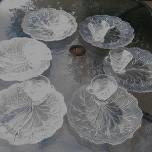 Indiana Glass 3 Cabbage/Pebble Leaf Plates w. 3 Punch Cups TV Dinner Sets (2)